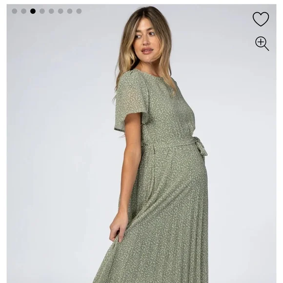 Light Olive Leaf Print Pleated Maternity Midi Dress - Picture 2 of 6